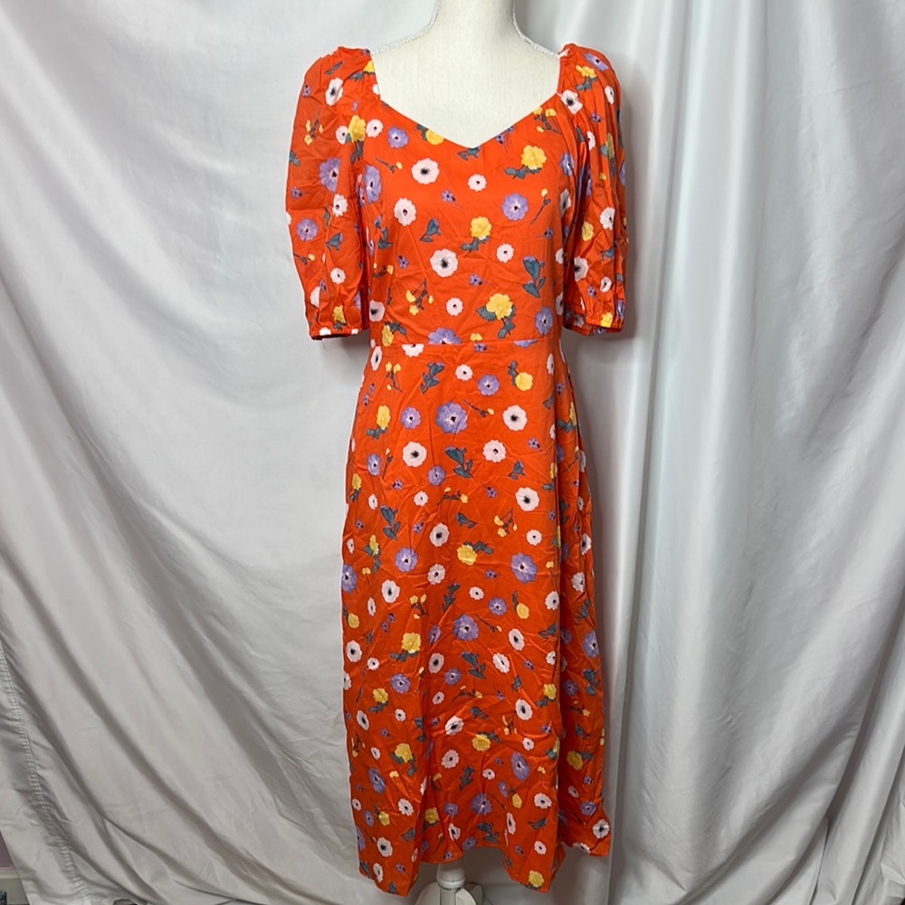 Ann Taylor Orange Floral Puff Sleeve Sweetheart Midi Dress
